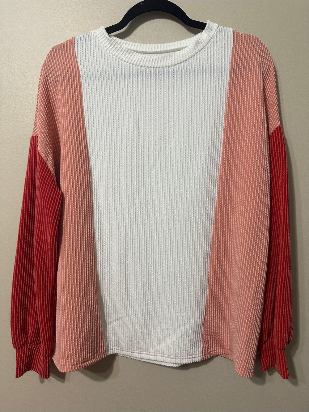 Colorblock Ribbed Long-Sleeve Sweater - White, Pink & Red